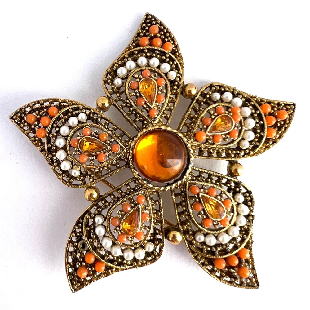 Vintage Star Flower Brooch Pin Glass Rhinestones Faux Pearl Sunset Orange